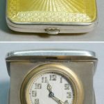 English Art Deco Sterling Silver and Yellow Guilloche Enameled Folding Travel Clock Birmingham, circa 1929