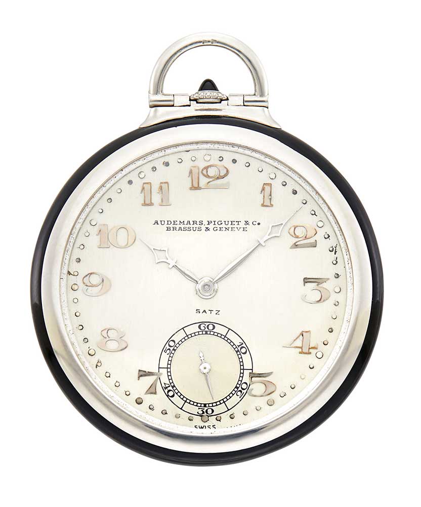 Audemars Piguet Art Deco Platinum, Black Enamel and Diamond Open Face Pocket Watch